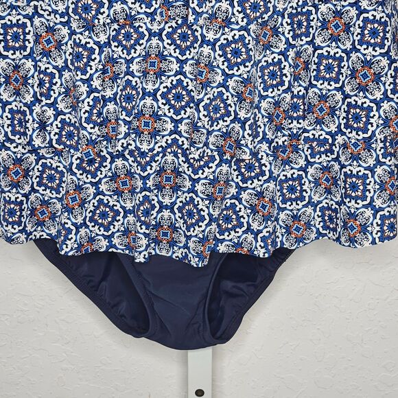 Shape Solver 3 Tier Tankini One Piece Swimsuit Blue Mosaic Print Size 16W NWT - Picture 3 of 5